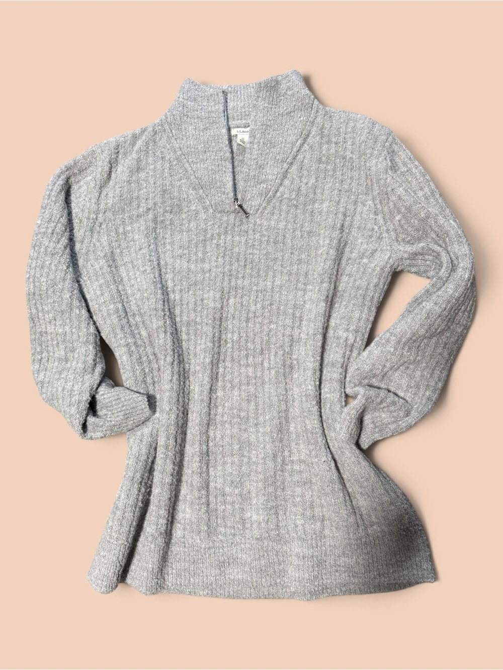 L.L. Bean Light Gray Zip-Neck Ribbed V-Neck Sweater